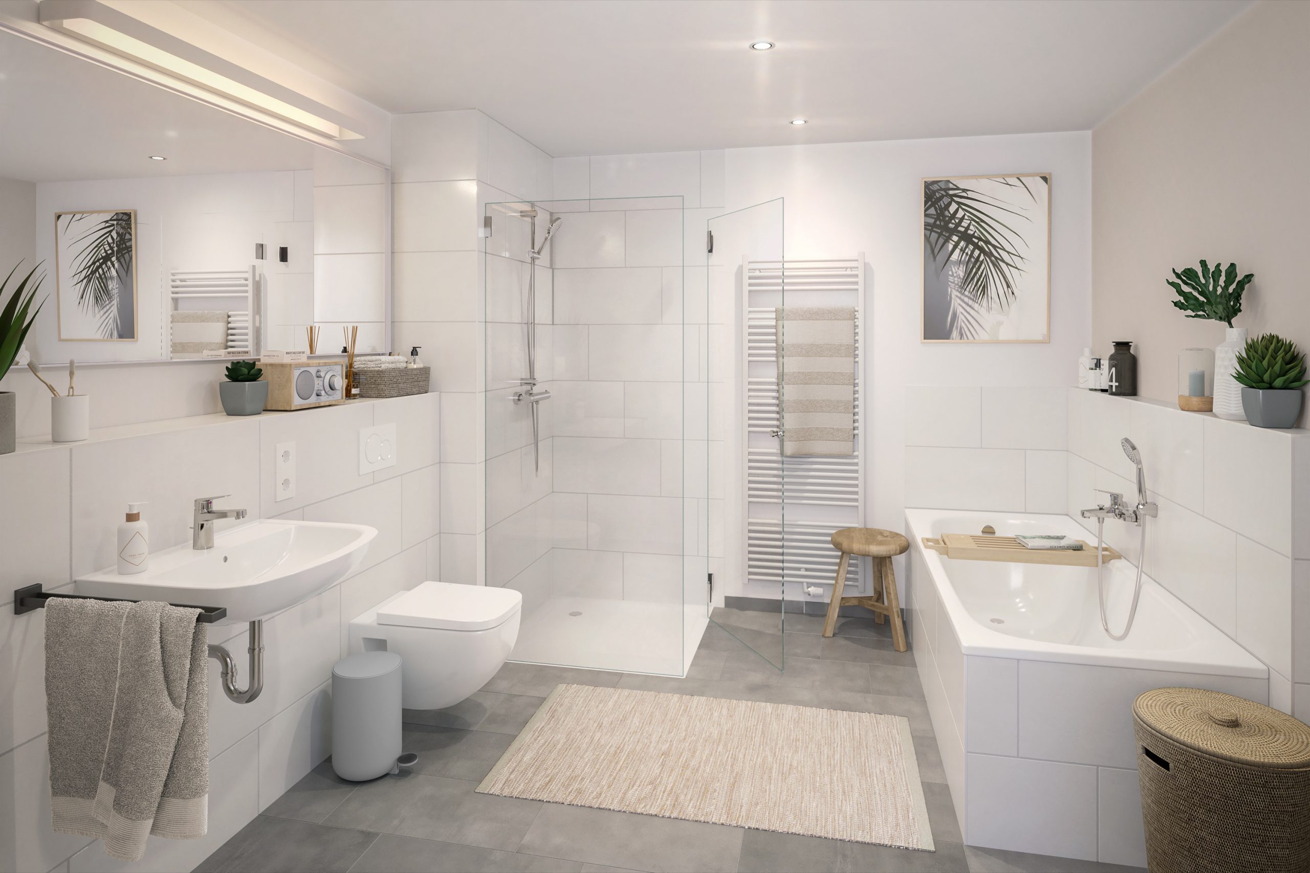 Modernes, helles Bad mit Dusche, Badewanne, Pflanzen und Handtüchern.