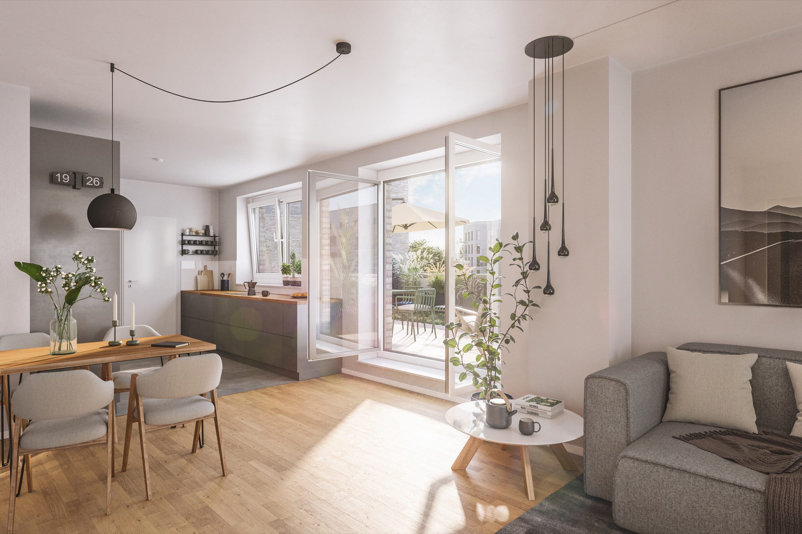 Helles Wohnzimmer mit Esstisch, Sofa und Zugang zu sonniger Terrasse.