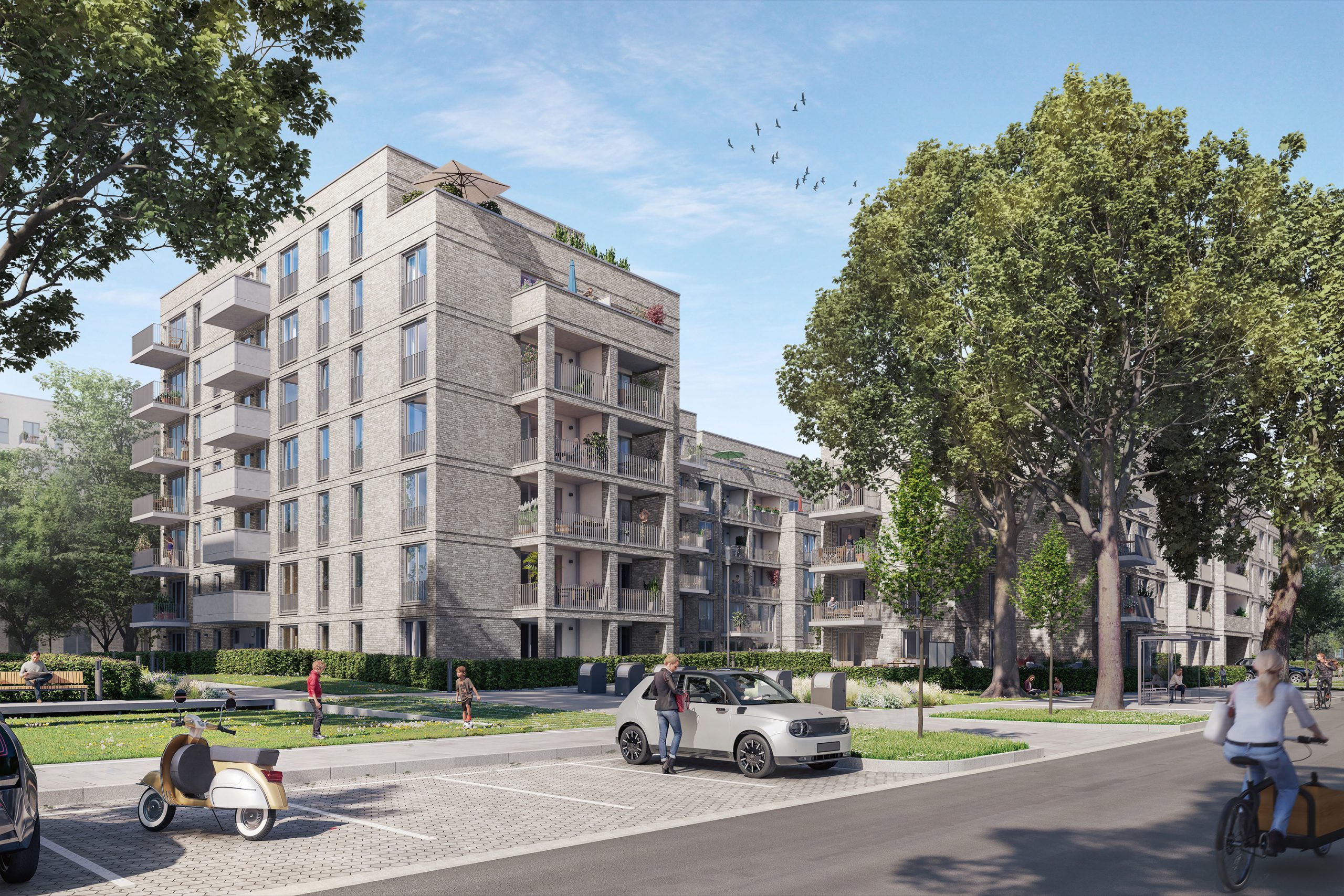 Moderne Wohnhäuser mit Balkonen, Grünanlagen und Menschen im urbanen Umfeld.