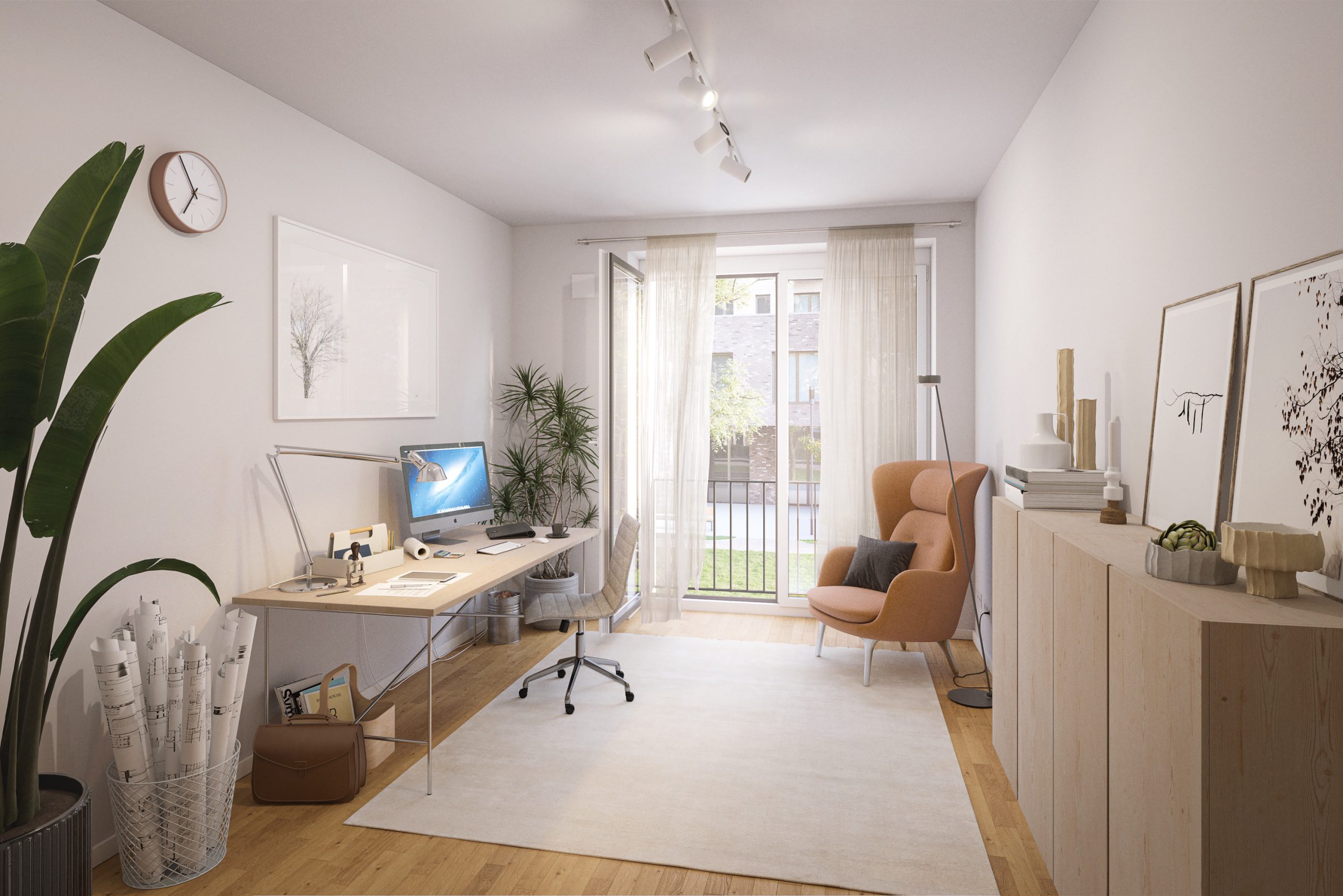 Helles, modernes Homeoffice mit Schreibtisch, Sessel, Pflanzen und Dekor.