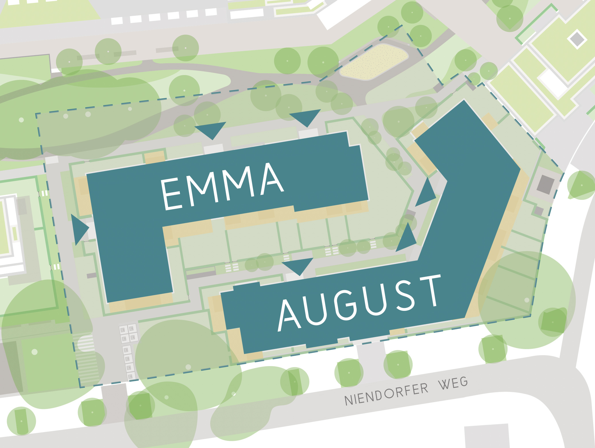 Emma-August-Gebäude Lageplan mit zwei Gebäuden namens EMMA und AUGUST am Niendorfer Weg.