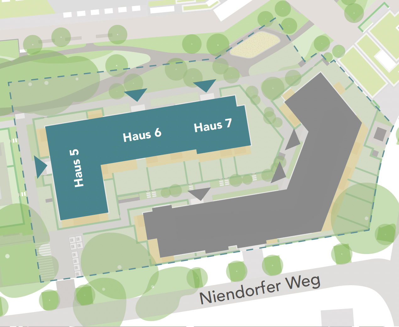 Lageplan mit den Gebäuden Haus 5, Haus 6 und Haus 7 am Niendorfer Weg.