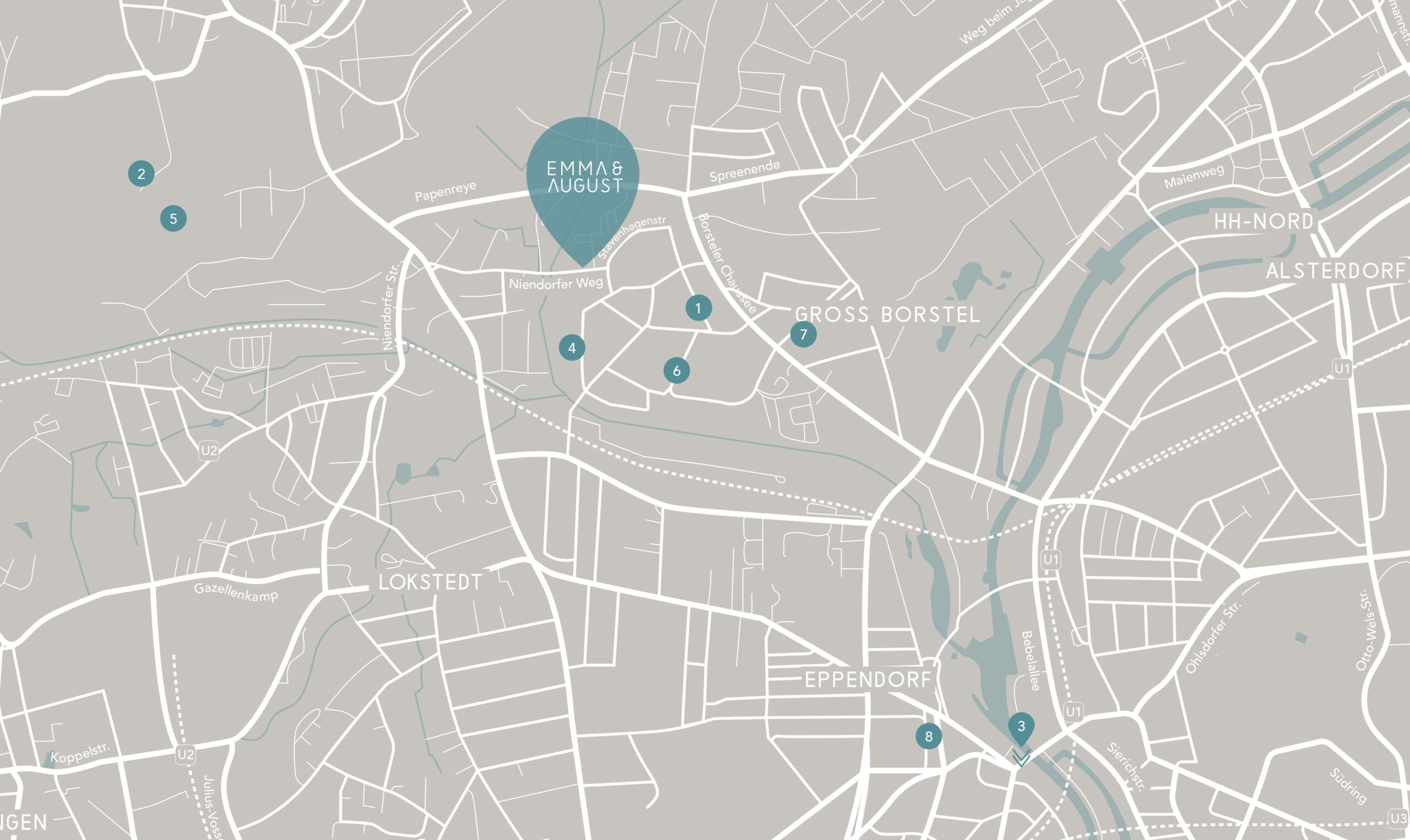 Stadtplan von Hamburg mit markierten Orten und dem Punkt "EMMA & AUGUST".