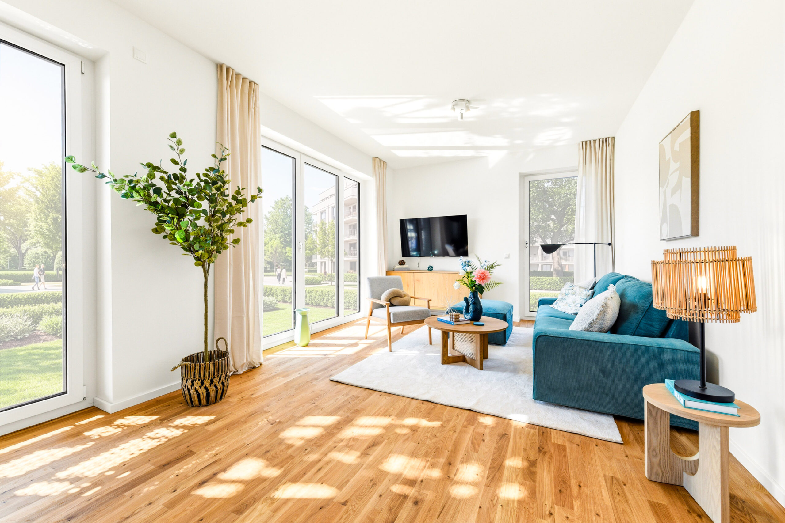 Helles Wohnzimmer mit großen Fenstern, grüner Pflanze und blauem Sofa.